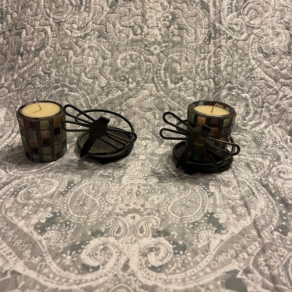 Mosaic Dragon fly candle and holder. Set of 2